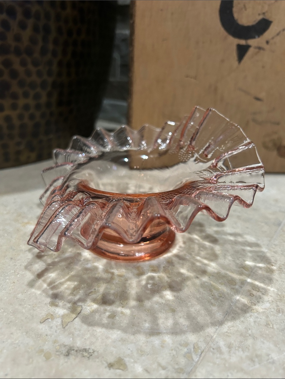 vintage FENTON clear pink ruffled glass candy dish - Picture 5 of 11